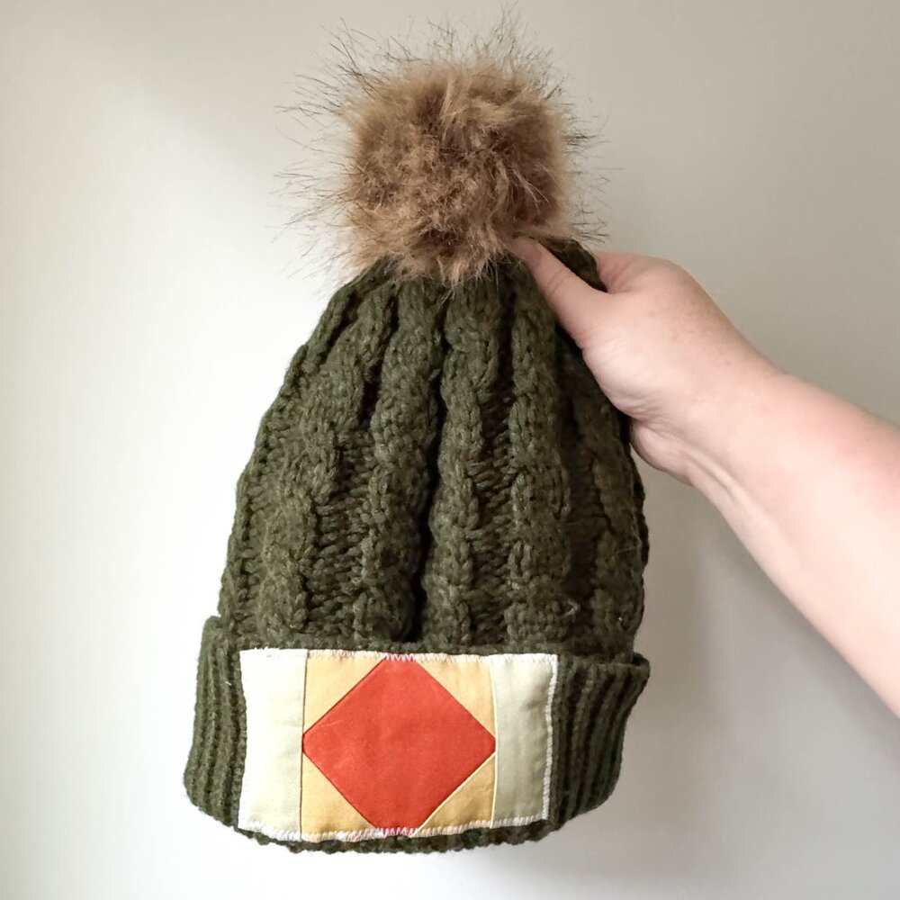 Chunky Green Knit Toque with Custom Quilt Block & Sherpa Fleece Lining